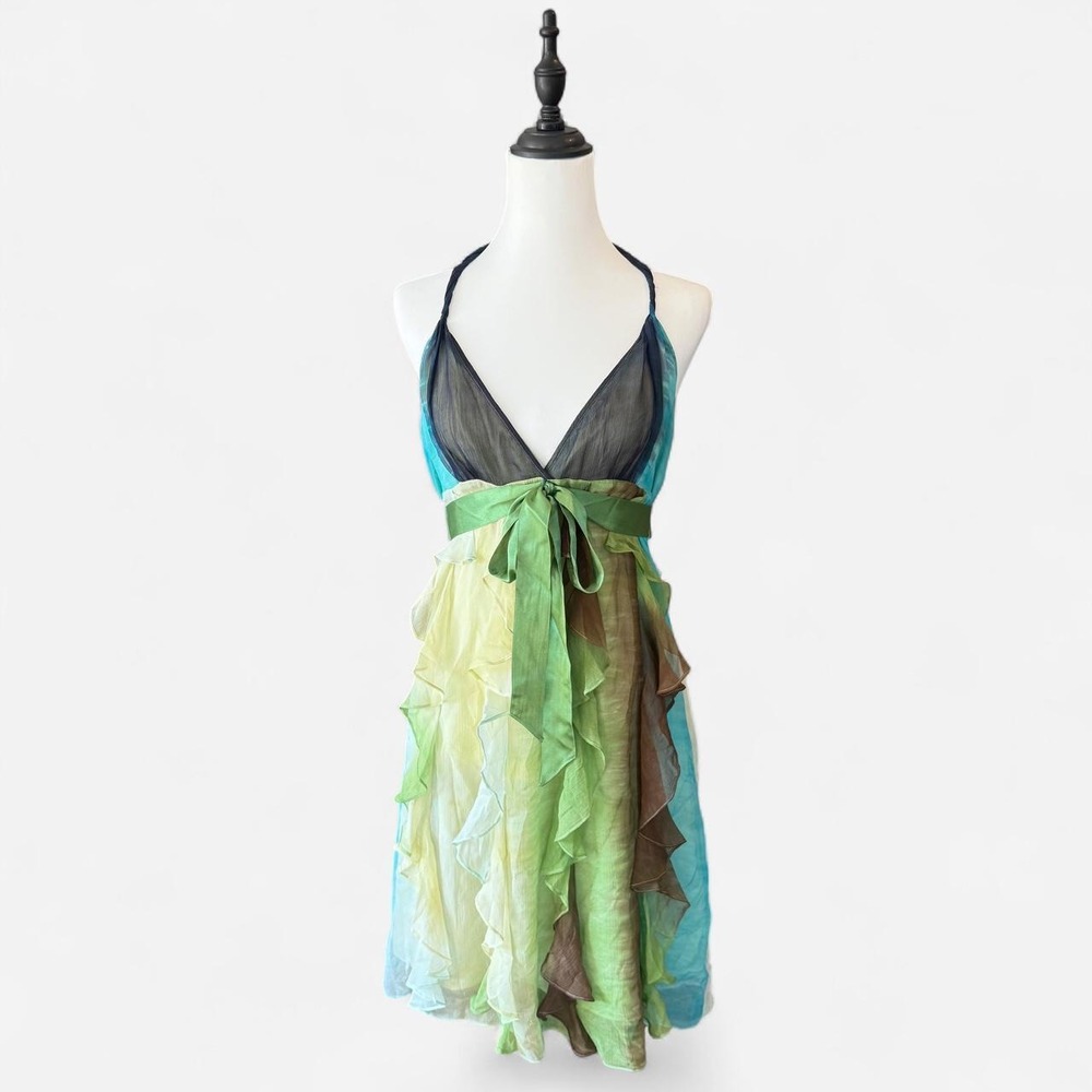 BCBGMAXAZRIA Silk Ruffled Fairycore Halter Dress Green Multi Size 8